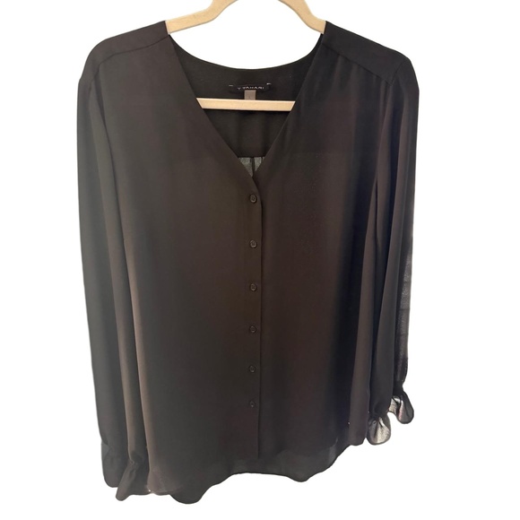 T Tahari Blouse Womens Size L Black button front Ruffle Cuff Long Sleeve Elegant - Picture 1 of 6